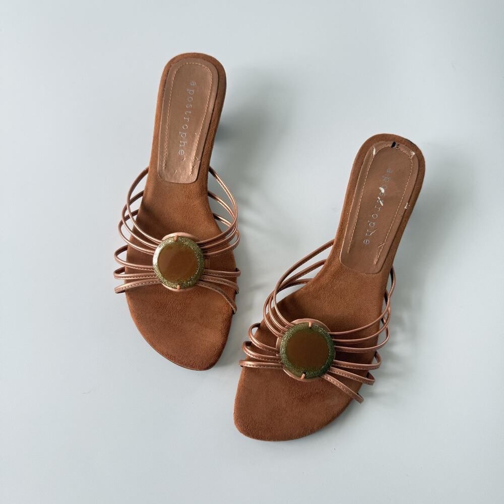 Apostrophe Sandals Womens Size 8 Brown Slide Strappy Spool Heel Medallion